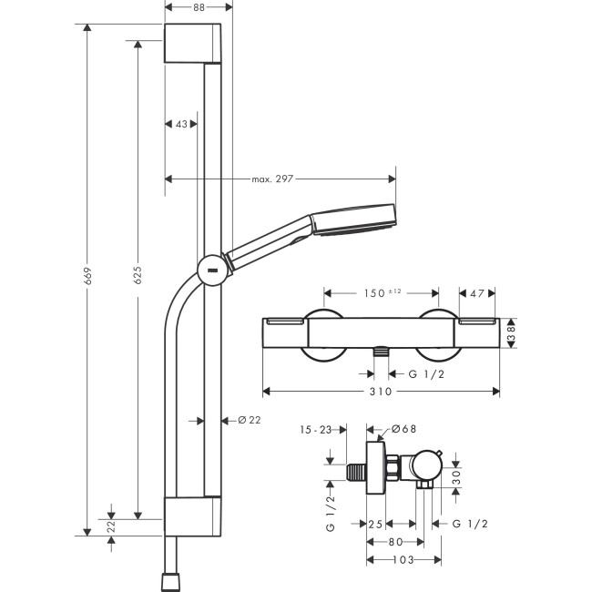 Душевой набор hansgrohe Pulsify Select S EcoSmart 65 см с термостатом Ecostat Element 24272670 черный матовый