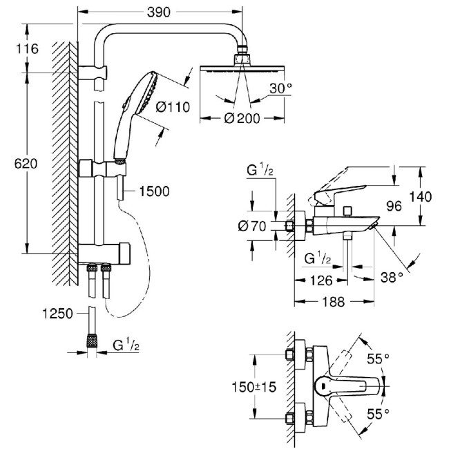 Grohe Vitalio Start 200 Душова система Flex зі змішувачем для ванни Start (NTE004)