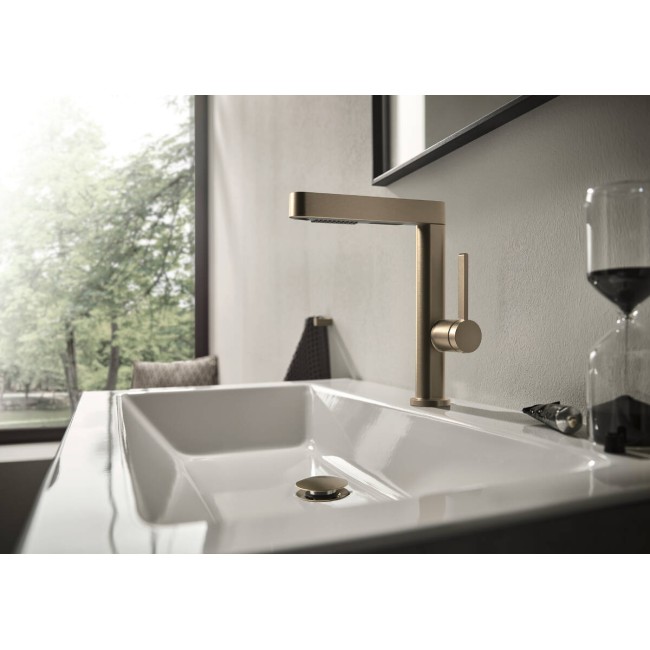 Змішувач hansgrohe Finoris 76063140 з висувним душем, 2 типи струменя та зливним гарнітуром push-open, бронза