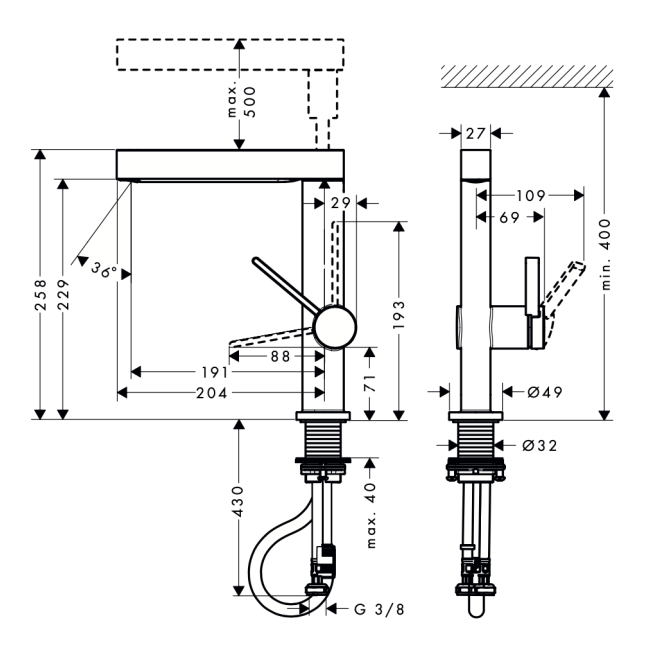 Змішувач hansgrohe Finoris 76063140 з висувним душем, 2 типи струменя та зливним гарнітуром push-open, бронза