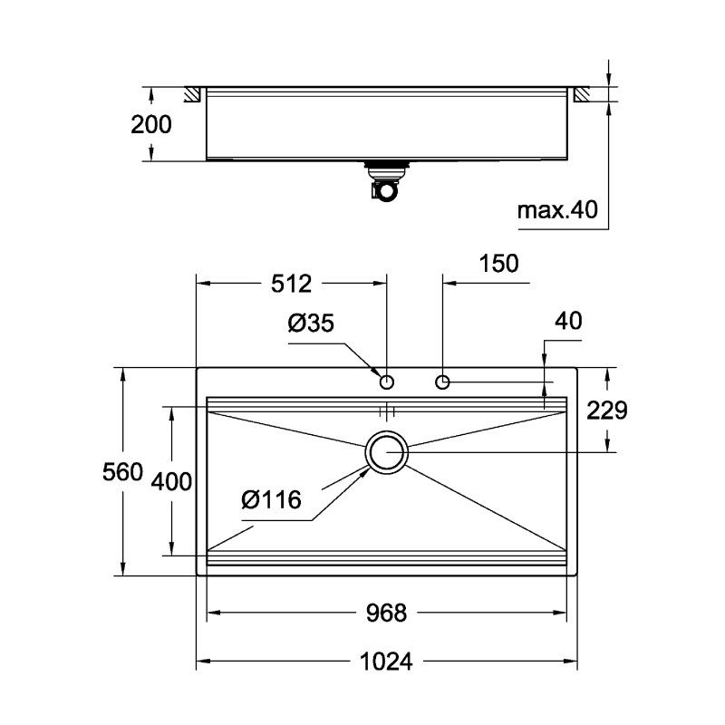 Grohe Мойка для кухни 1024 x 560 мм, 1 чаша, матовая, в уровень со столешницей (31586SD0)