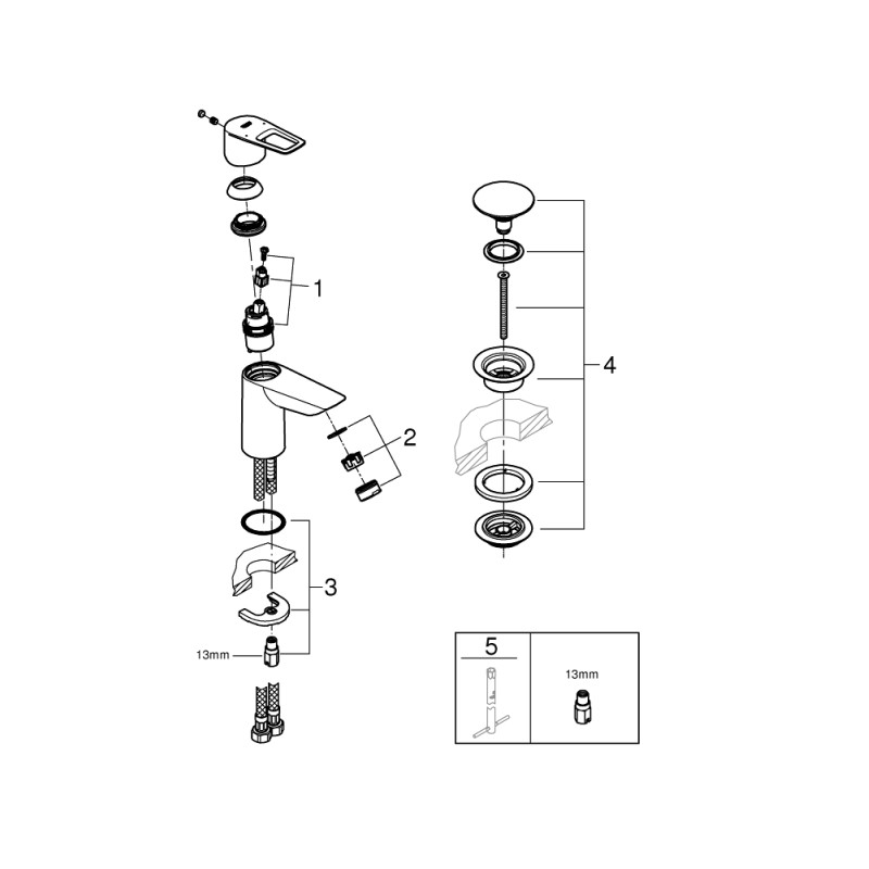 Grohe BauLoop New Смеситель однорычажный для раковины S-Size + нажимной донный клапан
 (23878001)