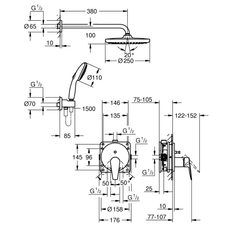 Grohe BauEdge Скрытая душевая система с Tempesta 250 (25290000)