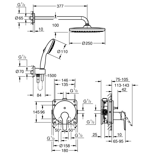 Grohe QuickFix Start Душова система прихованого монтажу з Vitalio Start 250  (25292000)