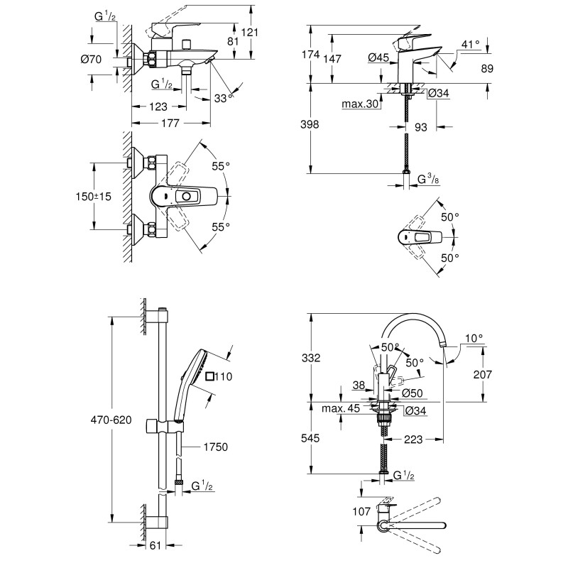 Grohe Комплект смесителей BauLoop New4 в 1 для ванной и кухни (UA123225K3
)