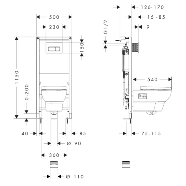 Комплект інсталяційна система з унітазом та кнопкою змиву 60301450 hansgrohe GladeLake S