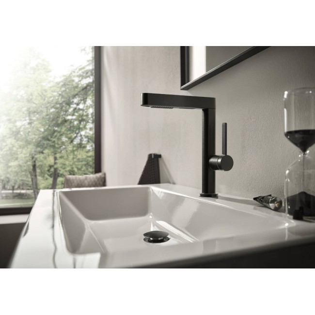 Змішувач hansgrohe Finoris 76063340 з висувним душем, 2 типи струменя та зливним гарнітуром push-open, чорний матовий хром