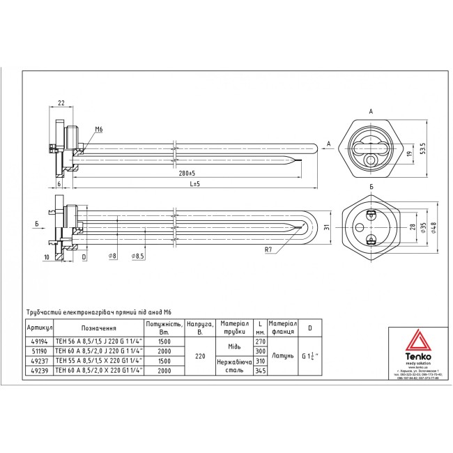 Тэн 2,0 кВт, гайка, прямой,нерж. под анод М6