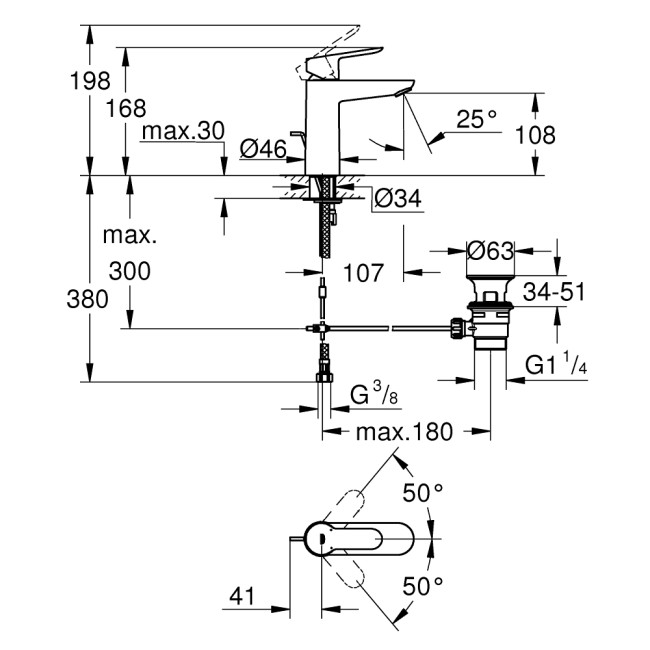Grohe BauEdge Смеситель однорычажный для раковины M-Size (23758000)