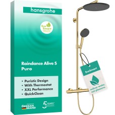 Душевая система hansgrohe Raindance Alive S Puro 300 1jet EcoSmart 24593990, с термостатом Ecostat Element, золото