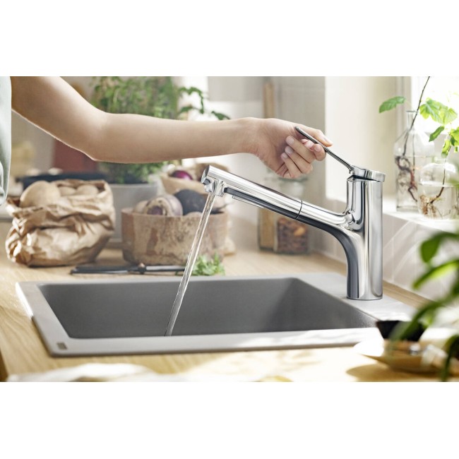 Смеситель hansgrohe Zesis M33 с выдвижным изливом для кухонной мойки, хром 74820000