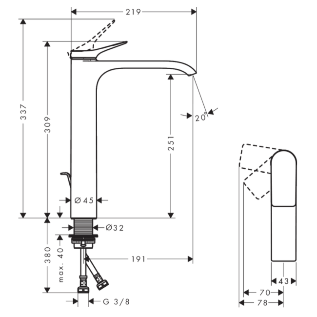 Змішувач hansgrohe Vivenis CoolStart для раковини зі зливним гарнітуром, чорний матовий 75044670