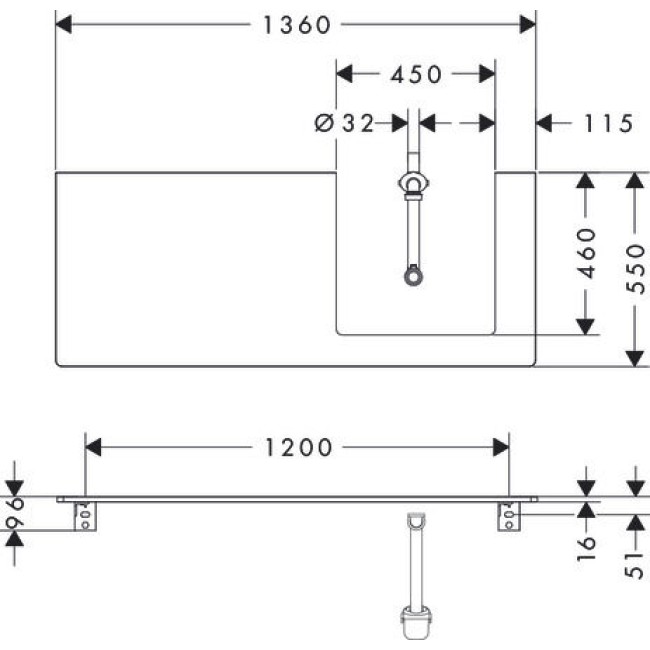 Консоль 1360/550 Xelu Q з вирізом праворуч для встановлення накладної раковини, 54098630 Dark Walnut