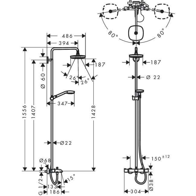 Душевая система hansgrohe Croma Select E 180 2 jet с термостатом 27352400 белый/хром