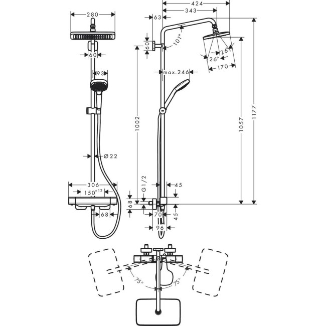 Душевая система hansgrohe Croma E Showerpipe 280 1jet 27630000 с термостатом, хром