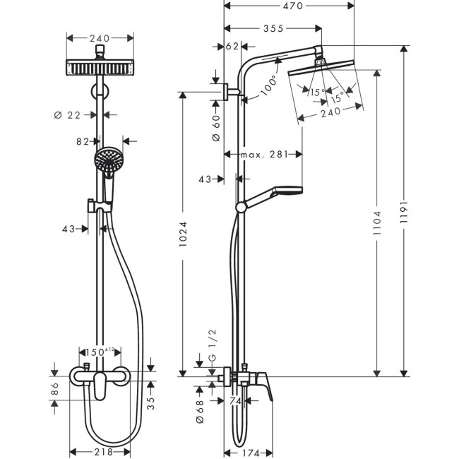 Душова система hansgrohe Crometta E 240 1jet Showerpipe зі змішувачем, 27284000