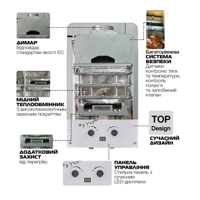 Газовая колонка MIXXUS GWH-0610 BASIC GLASS дымоходная 10 л/мин (панель из стекла с рисунком) (WH0027)