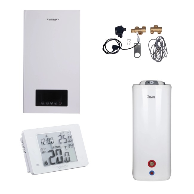 Комплексное решение Thermo Alliance для котельной: электрический котел 10 кВт + комплект бойлера + комбинированный напольный водонагреватель 100 л