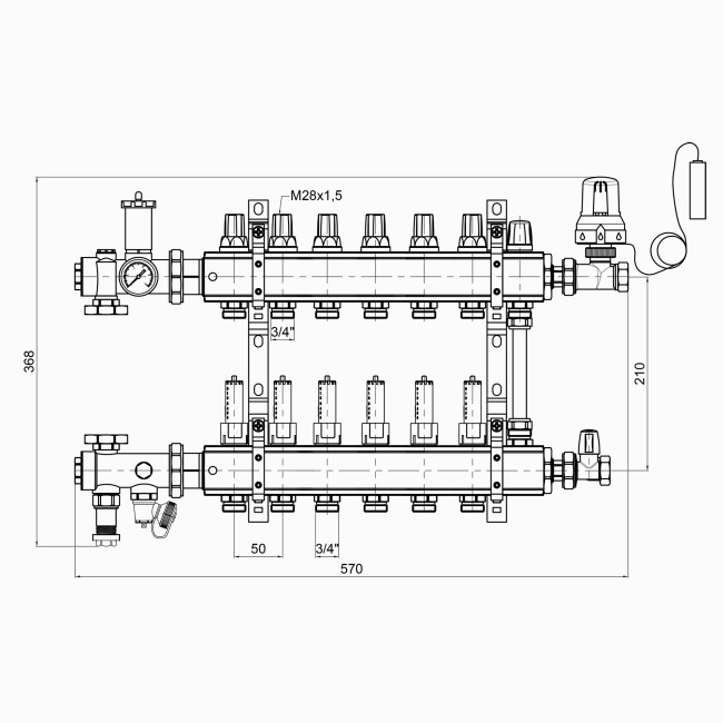 Коллекторная группа Icma 3/4" 6 выходов, с расходомером №A2K013