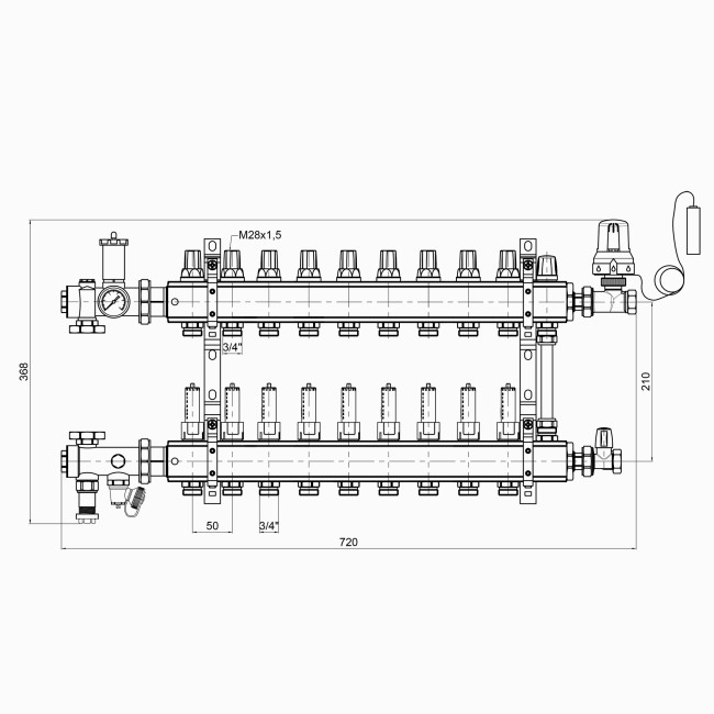 Коллекторная группа Icma 3/4" 9 выходов, с расходомером №A2K013