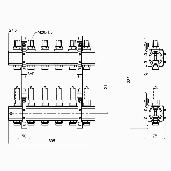 Коллектор Icma 1" 6 выходов, с расходомерами №K013