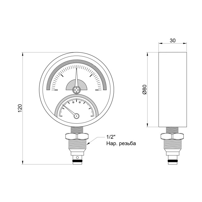 Термоманометр Thermo Alliance Standart 80 мм 1/2", нижнє підмикання SD1724B