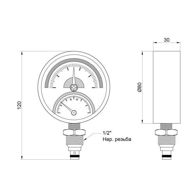 Термоманометр Thermo Alliance Standart 80 мм 1/2", нижнє підмикання SD17210B