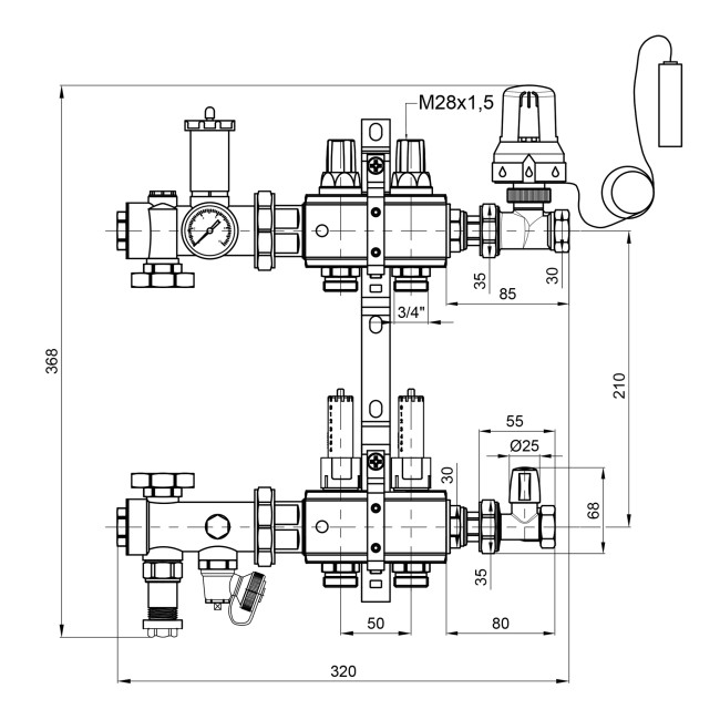 Коллекторная группа Icma 3/4" 2 выхода, с расходомером №A3K013