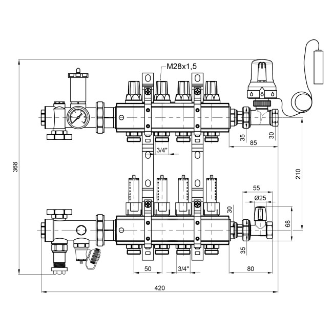 Коллекторная группа Icma 3/4" 4 выхода, с расходомером №A3K013