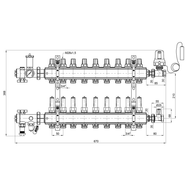 Коллекторная группа Icma 3/4" 9 выходов, с расходомером №A3K013