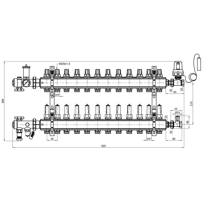 Коллекторная группа Icma 3/4" 12 выходов, с расходомером №A3K013