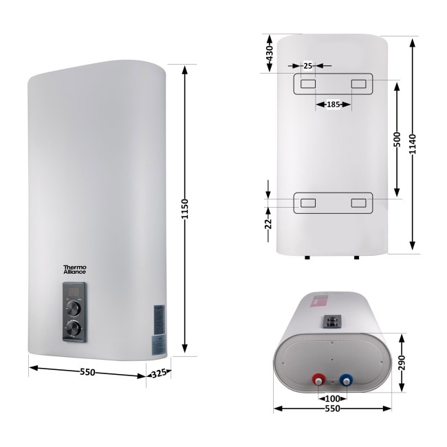 Водонагреватель электрический Thermo Alliance 100 л плоский вертикальный, мокрый ТЭН 2 кВт (0,8+1,2) DT100V20G(PD)/2