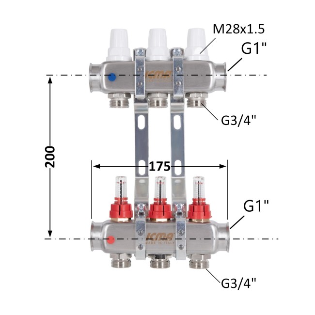 Коллектор с расходомерами (нерж.) 1"х3 Icma № К073