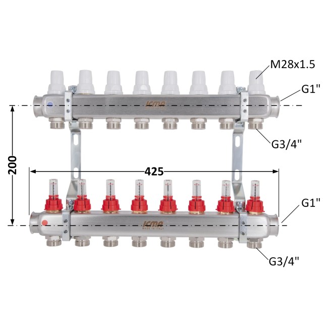 Колектор з витратомірами (нерж.) 1" х8 Icma № К073