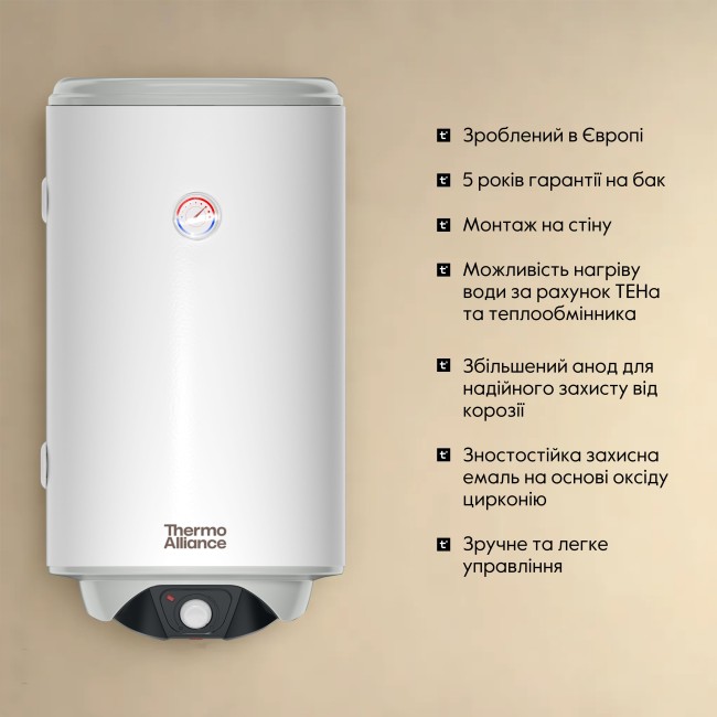 Водонагреватель электрический комбинированный Thermo Alliance вертикальный 80 л. т.о. 0,24 кв.м левый, мокрый ТЭН 2,0 кВт (CWH 8044 4S L)
