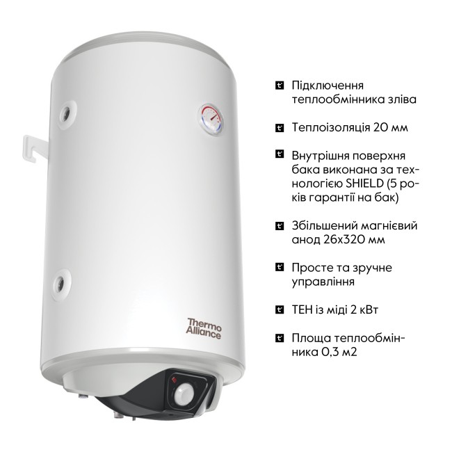 Водонагреватель электрический комбинированный Thermo Alliance вертикальный 80 л. т.о. 0,24 кв.м левый, мокрый ТЭН 2,0 кВт (CWH 8044 4S L)