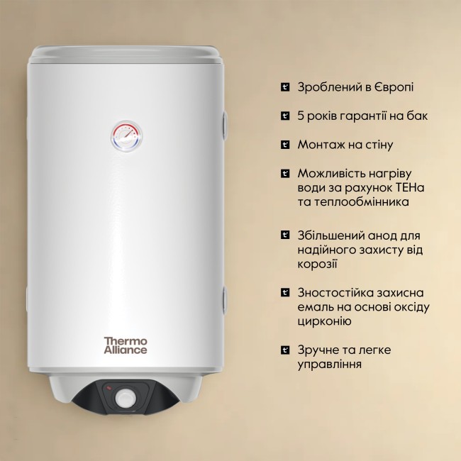 Водонагреватель электрический комбинированный Thermo Alliance вертикальный 80 л. т.о. 0,24 кв.м правый, мокрый ТЭН 2,0 кВт (CWH 8044 4S R)