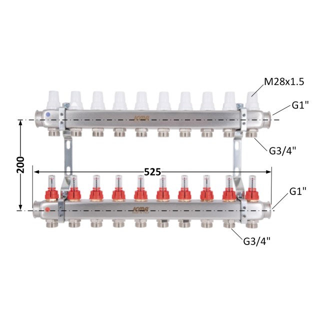 Коллектор Icma № К073 с расходомерами (нерж.) 1" х 3/4" на 10 выходов