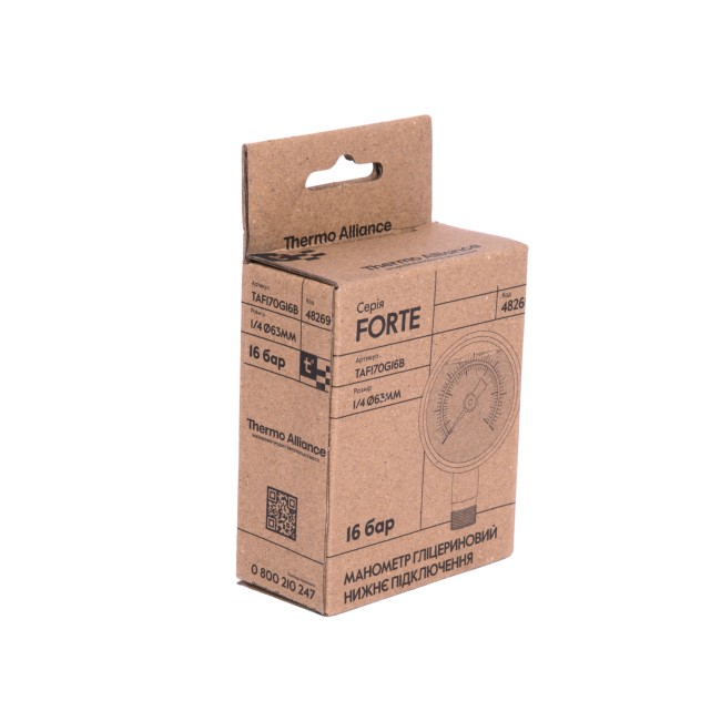 Манометр гліцериновий Thermo Alliance Forte d63 мм, 1/4"З із нижнім підключенням (латунь) 0-16 бар TAF170G16B