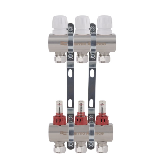 Коллектор латунный с расходомерами и евроконусами Thermo Alliance Standart 1" на 3 выхода TAS235W3E