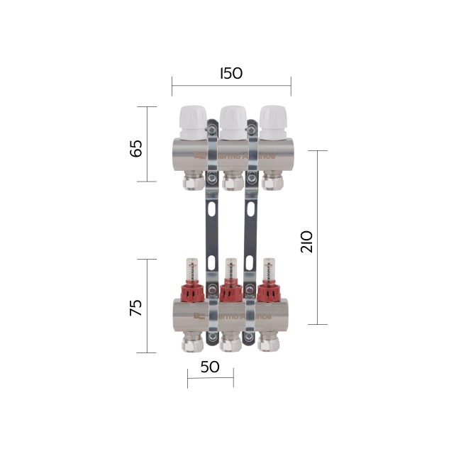 Коллектор латунный с расходомерами и евроконусами Thermo Alliance Standart 1" на 3 выхода TAS235W3E