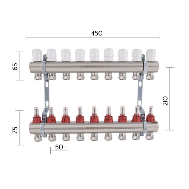 Коллектор латунный с расходомерами и евроконусами Thermo Alliance Standart 1" на 9 выходов TAS235W9E