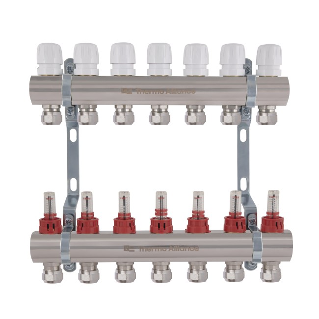 Коллектор латунный с расходомерами и евроконусами Thermo Alliance Standart 1" на 7 выходов TAS235W7E