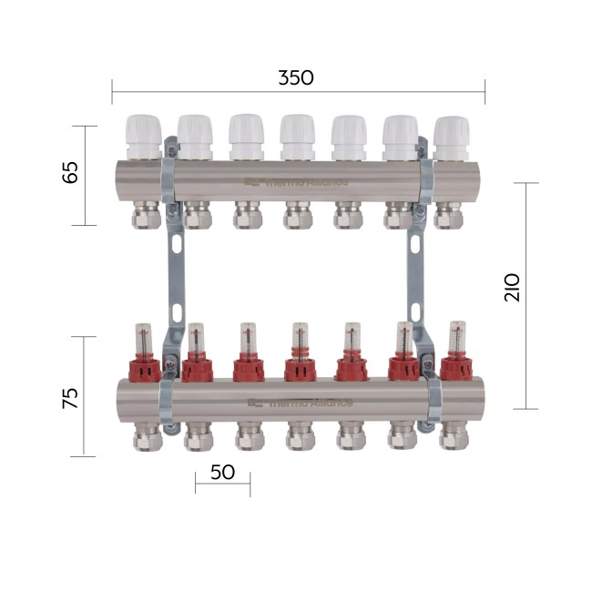Коллектор латунный с расходомерами и евроконусами Thermo Alliance Standart 1" на 7 выходов TAS235W7E