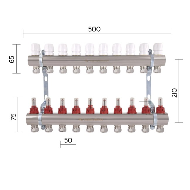 Коллектор латунный с расходомерами и евроконусами Thermo Alliance Standart 1" на 10 выходов TAS235W10E