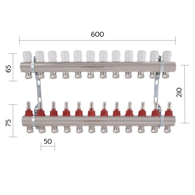 Коллектор латунный с расходомерами и евроконусами Thermo Alliance Standart  1" на 12 выходов TAS235W12E