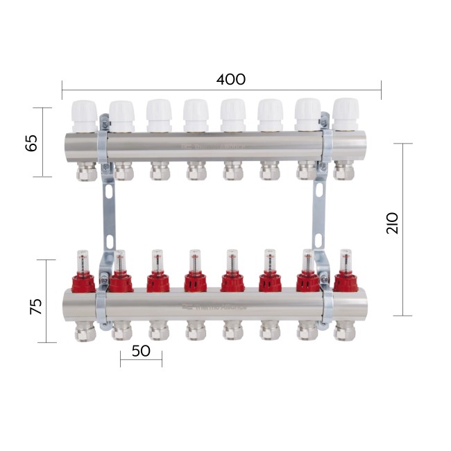 Коллектор латунный с расходомерами и евроконусами Thermo Alliance Standart  1" на 8 выходов TAS235W8E