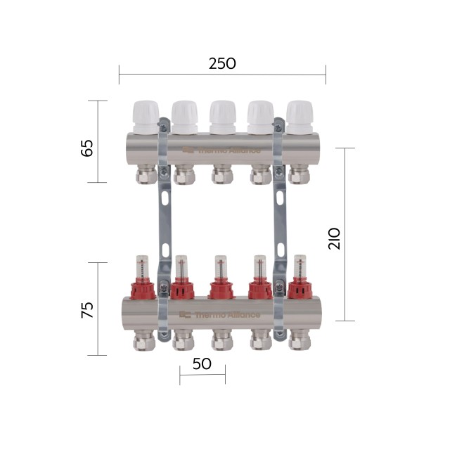 Коллектор латунный с расходомерами и евроконусами Thermo Alliance Standart 1" на 5 выходов TAS235W5E