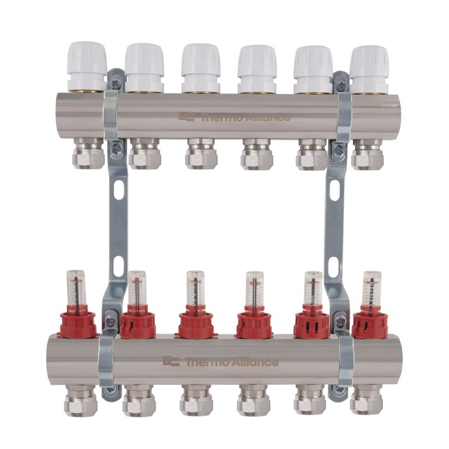 Коллектор латунный с расходомерами и евроконусами Thermo Alliance Standart 1" на 6 выходов TAS235W6E