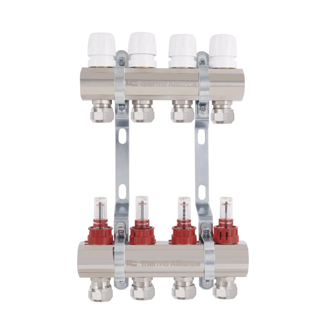 Коллектор латунный с расходомерами и евроконусами Thermo Alliance Standart 1" на 4 выхода TAS235W4E